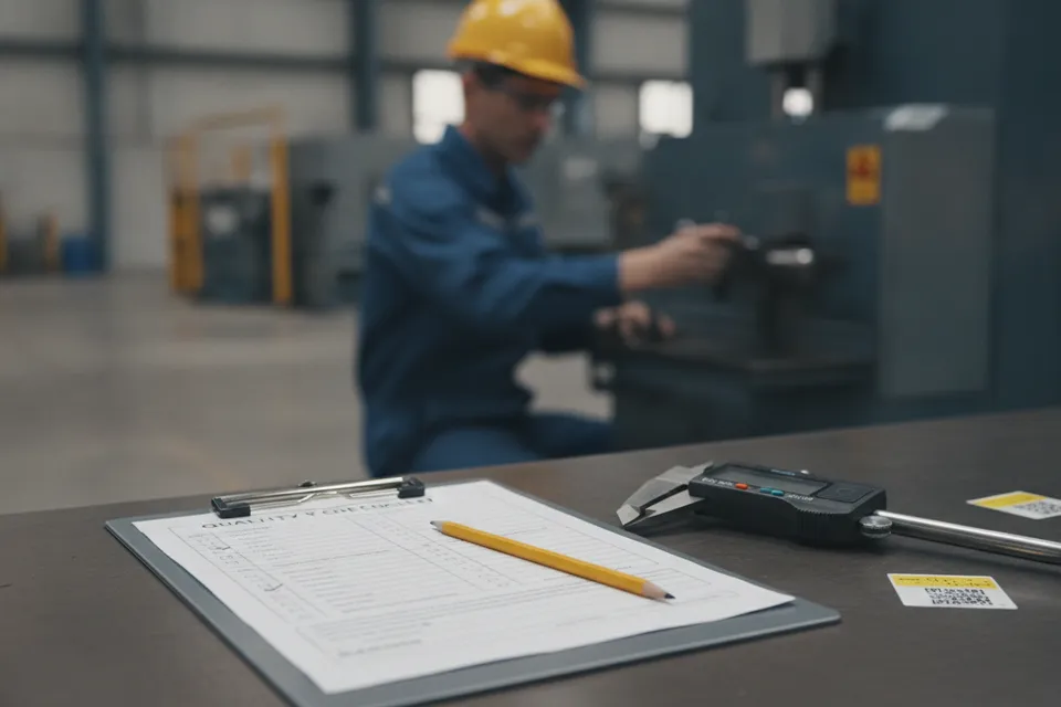 Arbeitsplatz in der Fertigung mit Checkliste und kalibrierten Prüfmitteln für Layered Process Audit