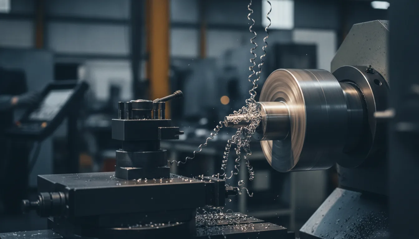 CNC-Drehmaschine bei der Bearbeitung einer Stahlwelle mit Wendeschneidplatte