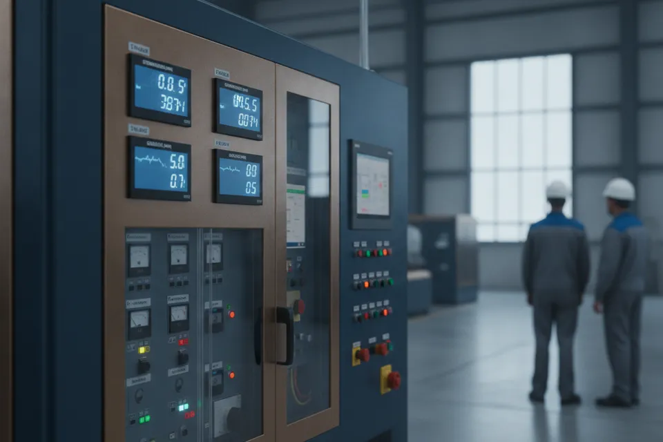 Energiemanagementsystem mit digitalen Anzeigen und Messgeräten in einer Produktionshalle