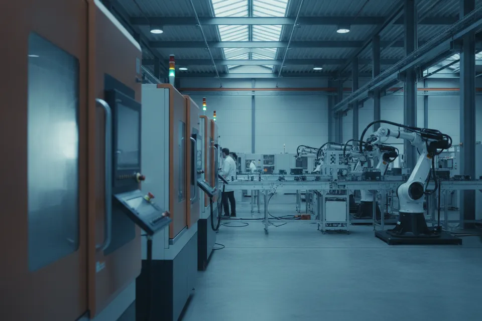 Industrielle Produktionshalle mit CNC-Maschinen und Fertigungsanlagen, die unter die NIS2-Richtlinie fallen können