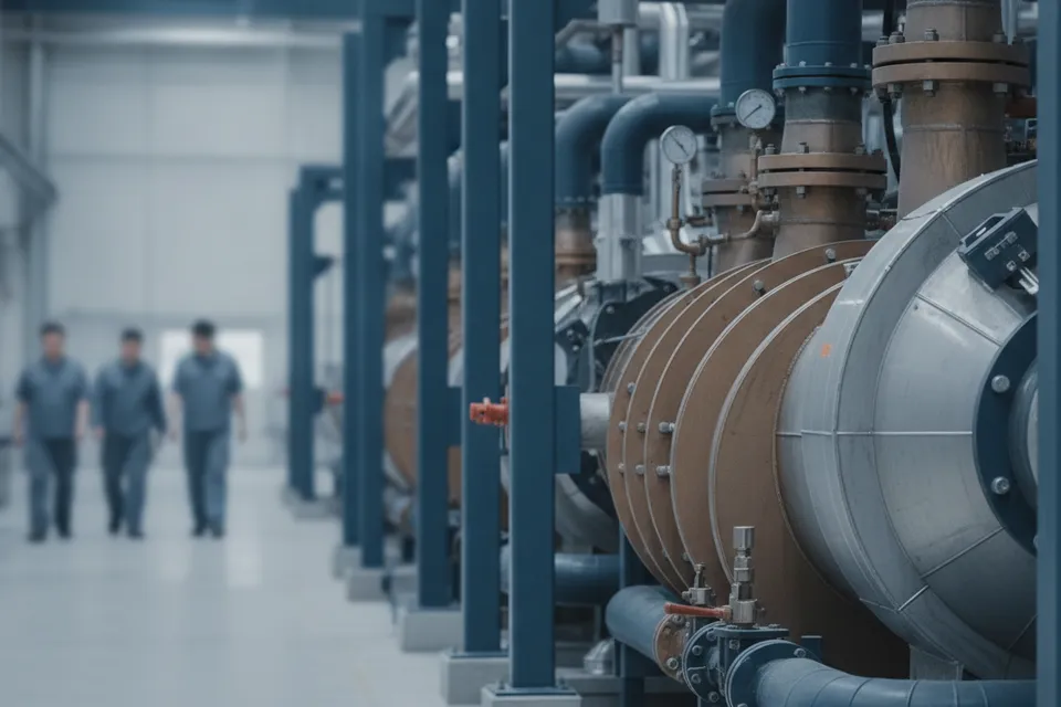 Industriewärmepumpe in Produktionshalle mit Rohrleitungen und Wärmetauschern