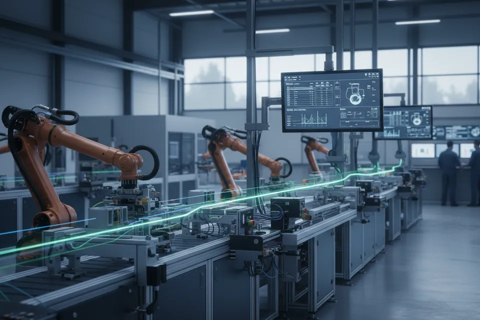 Moderne Produktionshalle mit vernetzten Maschinen und digitalen Anzeigesystemen für Echtzeit-Fertigungsdaten
