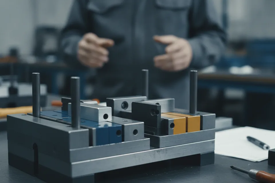 Montagevorrichtung mit asymmetrischen Passstiften und farbcodierten Bauteilen als Poka-Yoke-Beispiel in der Produktion