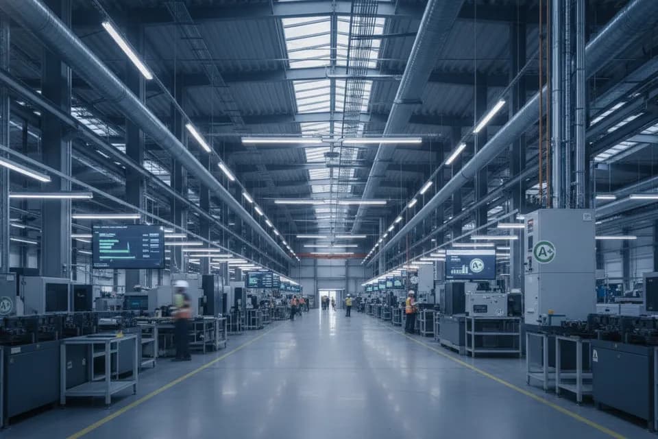 Produktionshalle mit sichtbarer Energieinfrastruktur und Monitoring-Systemen für Energiemanagement nach DIN EN ISO 50001