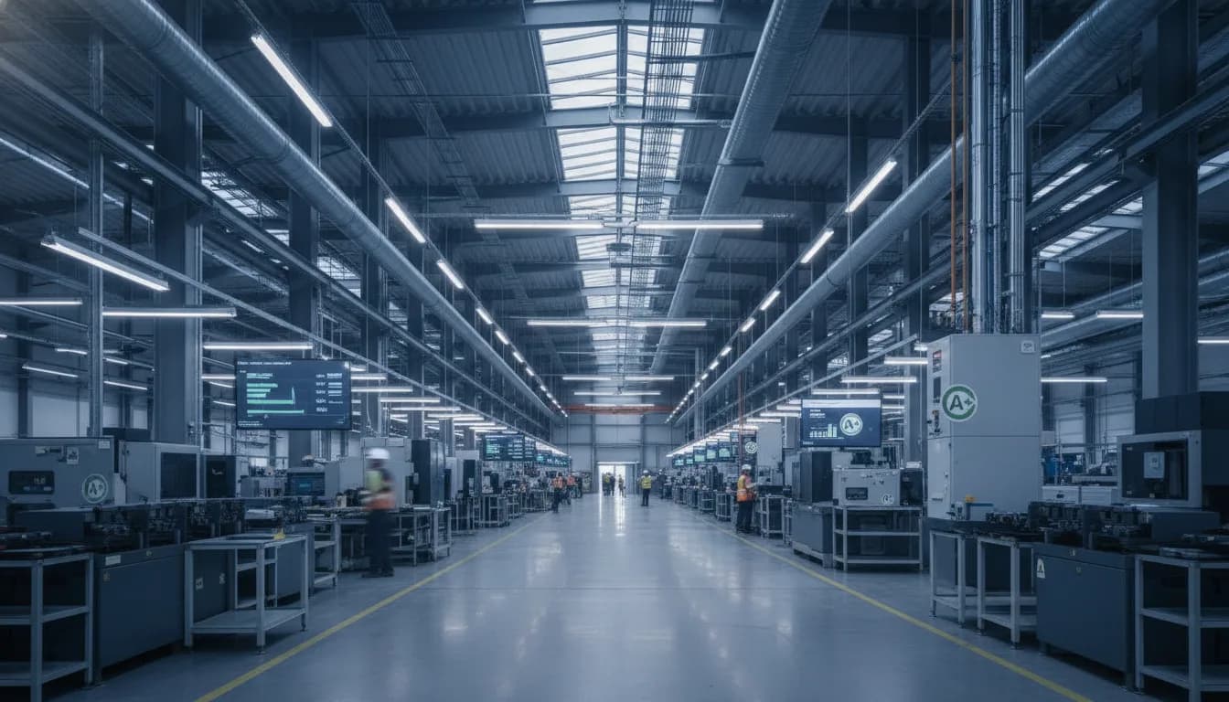 Produktionshalle mit sichtbarer Energieinfrastruktur und Monitoring-Systemen für Energiemanagement nach DIN EN ISO 50001