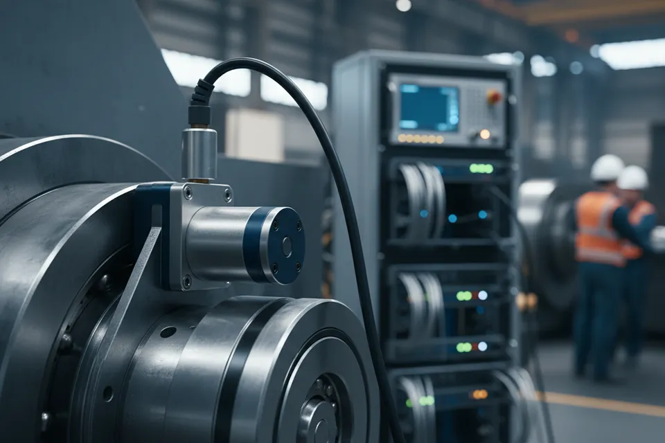Schwingungssensor an Maschinenlager zur Zustandsüberwachung für Predictive Maintenance