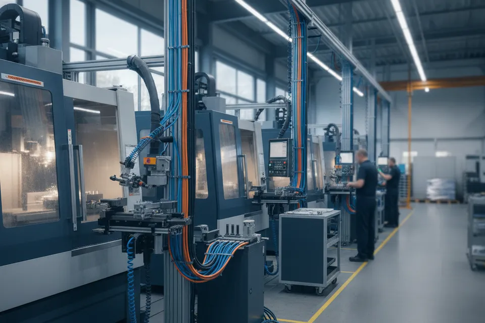 Vernetzte Fertigungshalle mit Maschinen und Dateninfrastruktur für MES-System