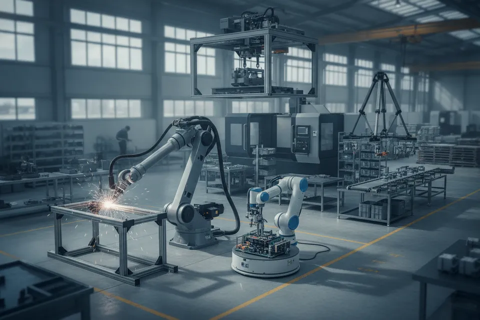 Verschiedene Industrieroboter-Arten in Produktionshalle: Knickarmroboter, SCARA-Roboter, Delta-Roboter und Portalroboter im Einsatz